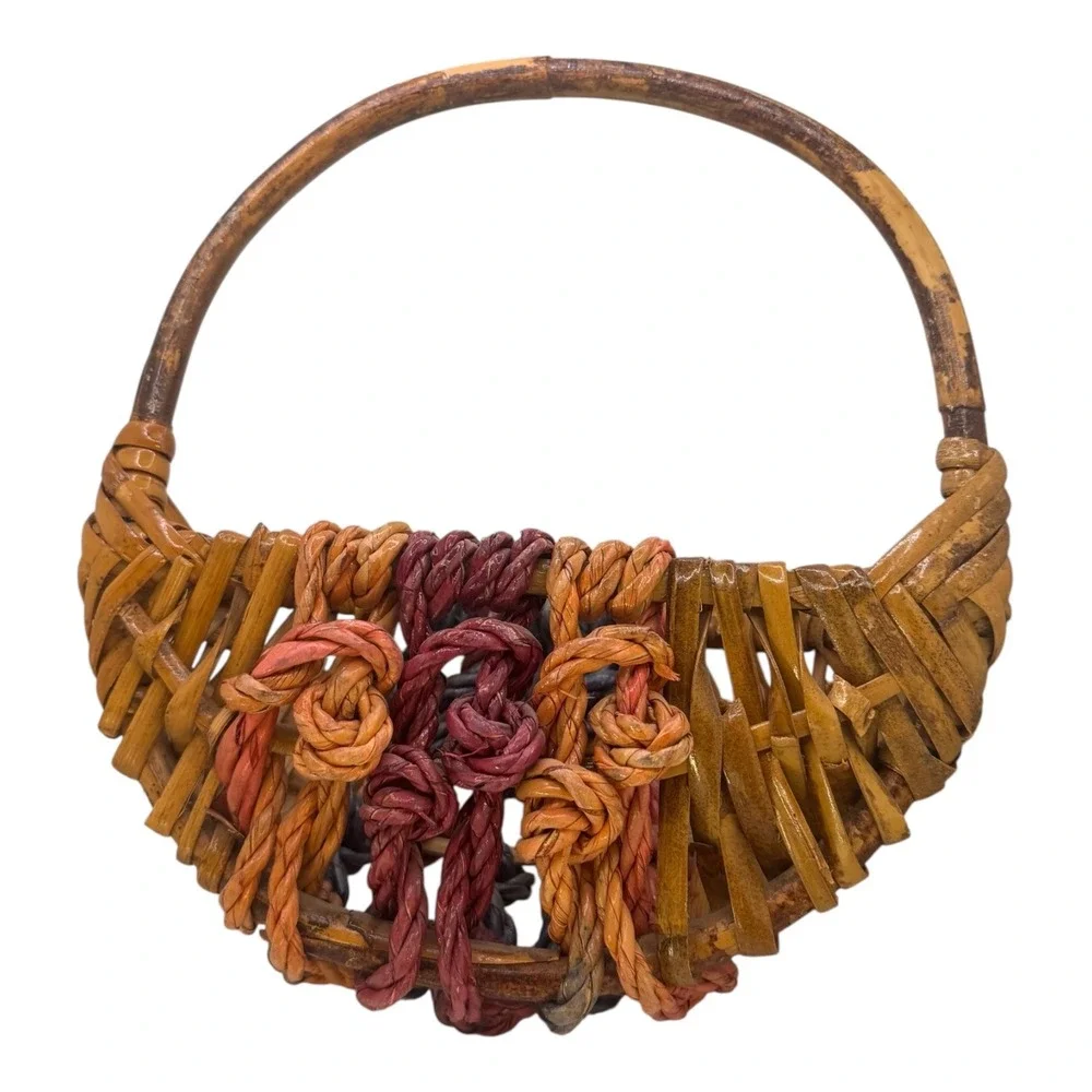 Vintage Woven Wicker‎ Basket Handcrafted Boat Shaper Knots wall decor planter